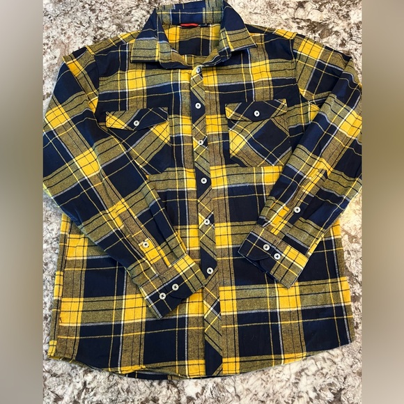 M NEW Design in Italy Flannel Shirt Mens Yellow Blue  Plaid Two Pockets Long Sle - Picture 1 of 7